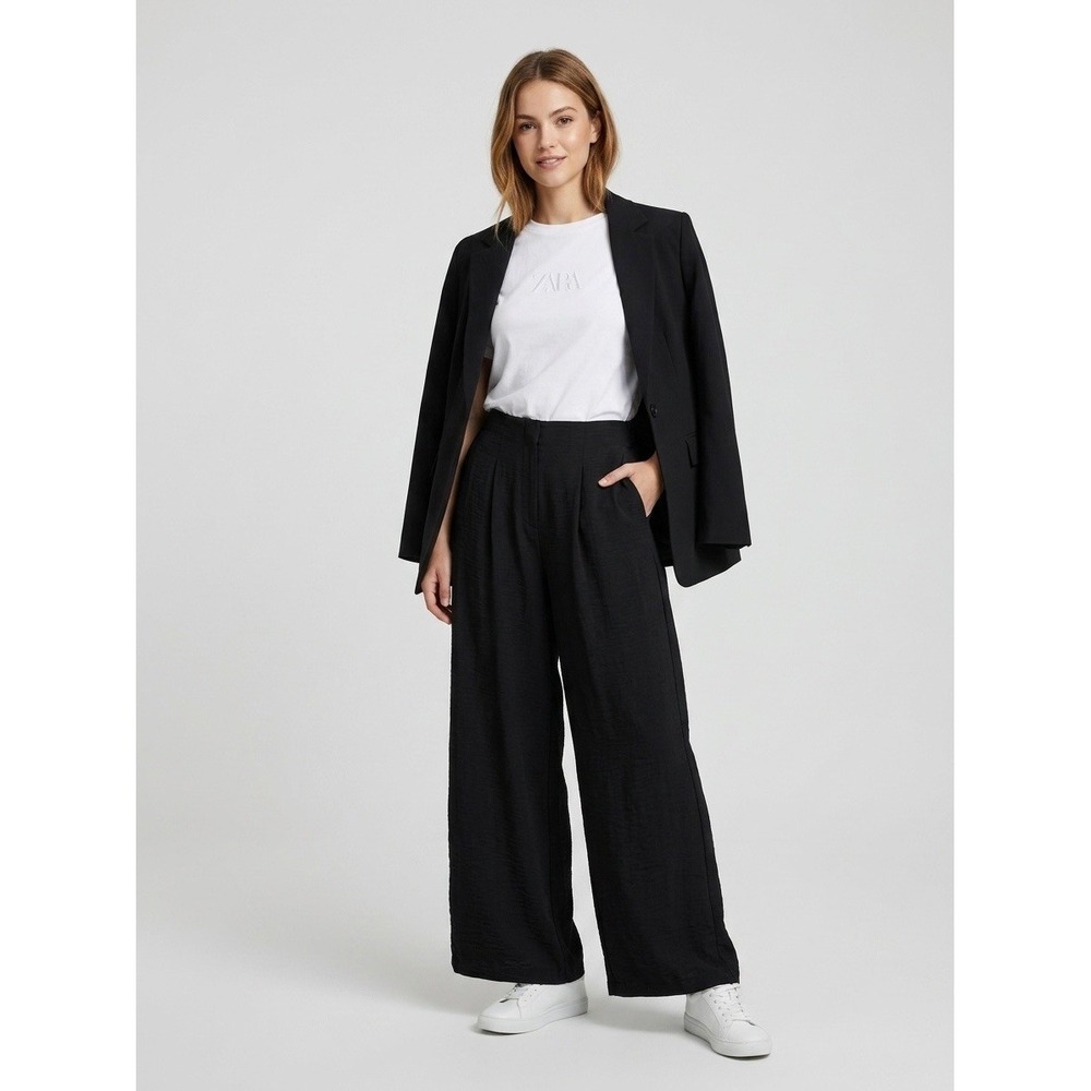 Zara Womens Black High Waisted Wide Leg Pleated Textured Trousers Size S Small